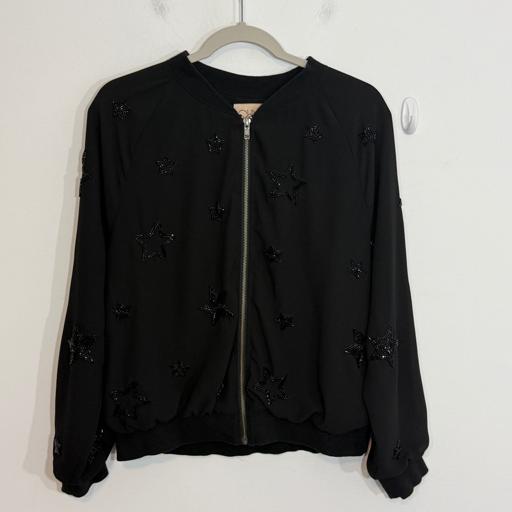 Chaser Womens Jacket Large Black Beaded Star Celestial Bomber